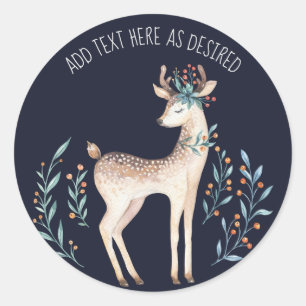 Sticker Rond Cerf Aquarelle Personnalisé Fleurs BLEUES Hiver