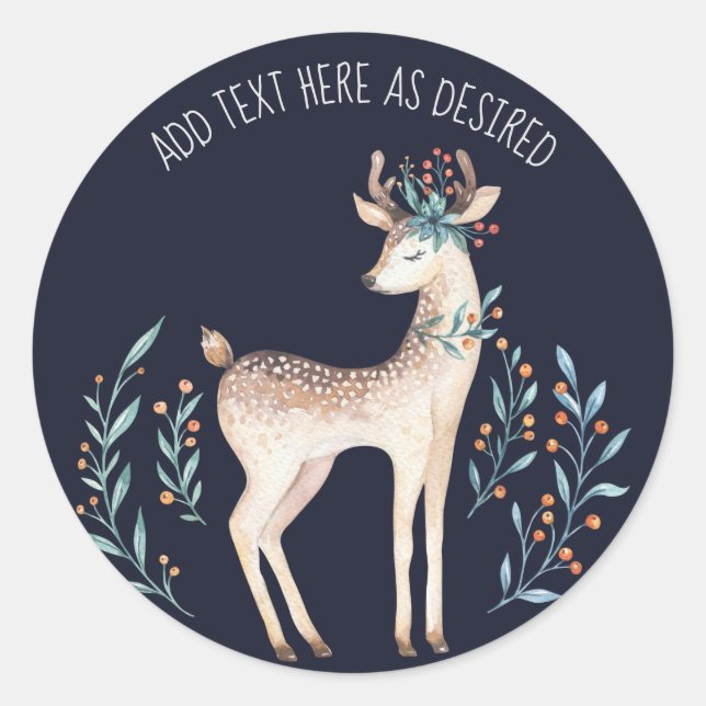 Sticker Rond Cerf aquarelle personnalisé Fleurs BLEUES Hiver (Devant)