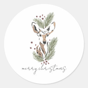 Sticker Rond Cerf aquarelle rustique Joyeux Noël