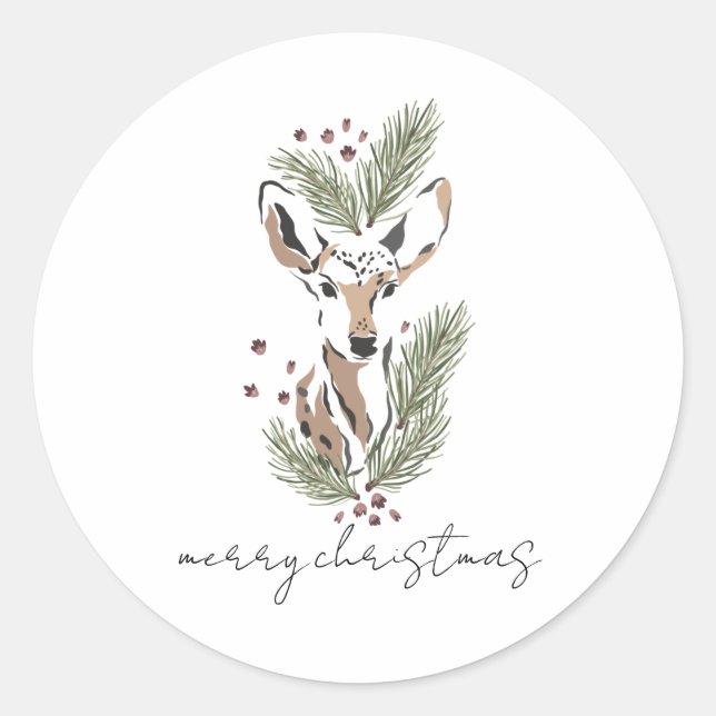 Sticker Rond Cerf aquarelle rustique Joyeux Noël (Devant)