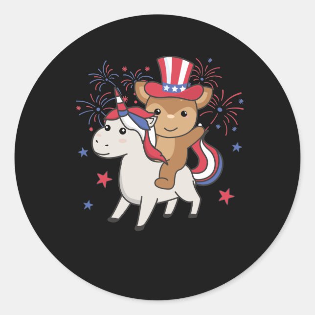 Sticker Rond Cerf Avec Unicorn Pour Le 4 Juillet Feu D'Artifice (Devant)