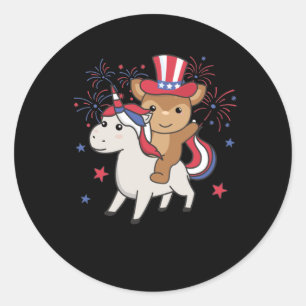 Sticker Rond Cerf Avec Unicorn Pour Le 4 Juillet Feu D'Artifice