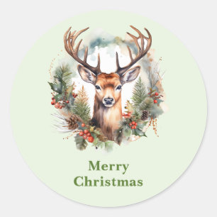 Sticker Rond Cerf brun avec bois Noël rustique joyeux