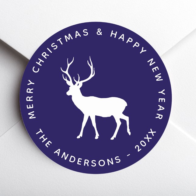 Sticker Rond Cerf Buck Biche Blanc Bleu Joyeux Noël Fêtes (Créateur téléchargé)