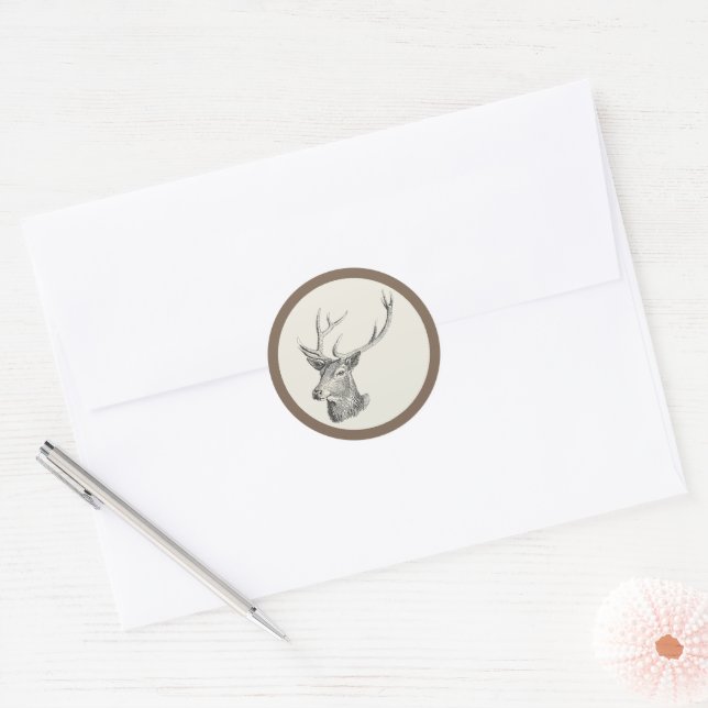 Sticker Rond Cerf Buck Head avec Antlers Black and White Art (Enveloppe)
