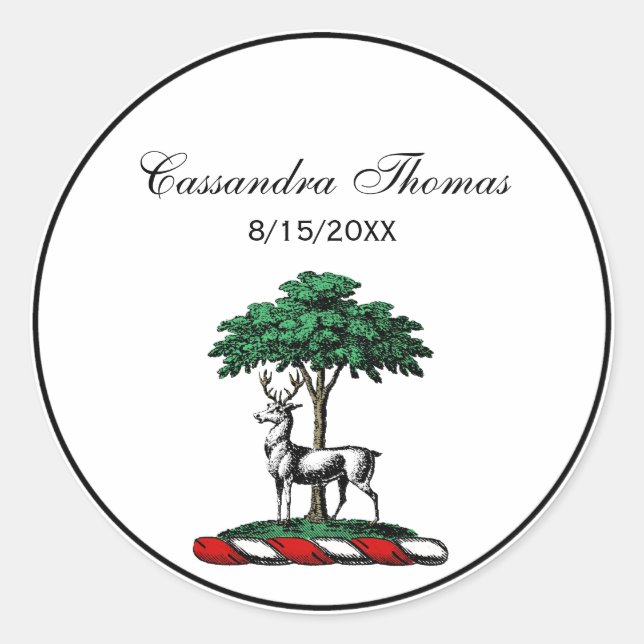Sticker Rond Cerf Daim devant un Arbre Blason Emblématique (Devant)