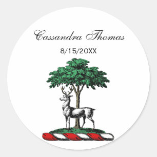 Sticker Rond Cerf Daim devant un Arbre Emblème de Blason Hérald