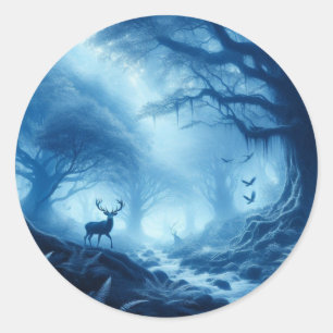 Sticker Rond Cerf dans la forêt noire de la brume bleue