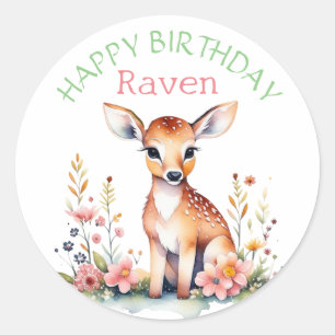 Sticker Rond Cerf de bébé personnalisé en fleurs Anniversaire d
