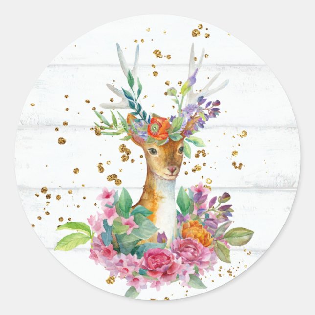 Sticker Rond Cerf de bois avec couronne fleurie (Devant)