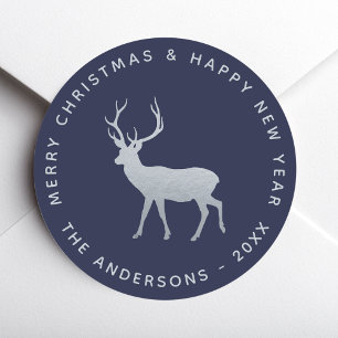 Sticker Rond Cerf de Noël Daim Élégant Bleu Marine Faux Argent