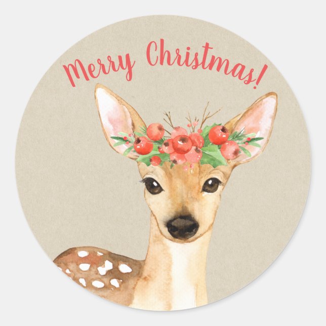 Sticker Rond Cerf de Noël Mignon Rustique Fêtes Personnalisées  (Devant)