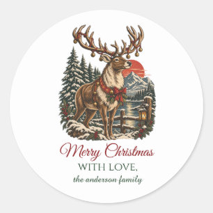 Sticker Rond Cerf de Noël personnalisé vintage bois