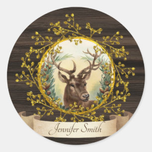 Sticker Rond Cerf de Noël rustique vintage personnalisé