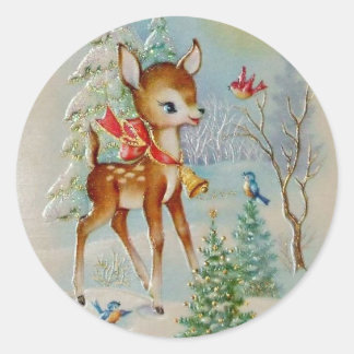 Sticker Rond Cerf De Noël vintage Pour Bébé Dans La Neige