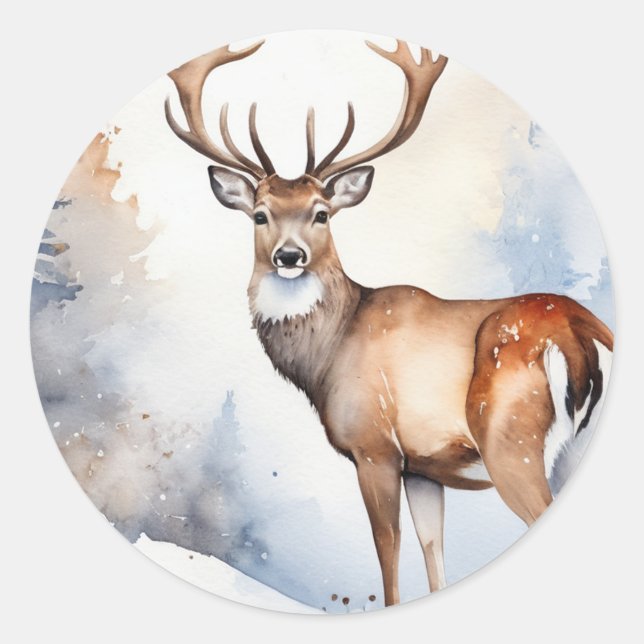 Sticker Rond Cerf en forêt neigeuse Arbres de Noël Aquarelle (Devant)