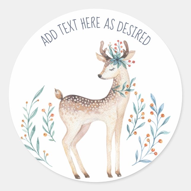 Sticker Rond Cerf et fleurs d'hiver aquarelle personnalisés (Devant)