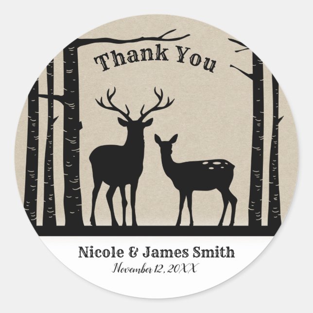 Sticker Rond Cerf femelle mâle rustique Faveur de bouleau noir (Devant)