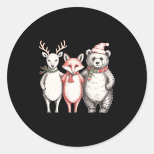 Sticker Rond Cerf festif, Renard, Ours Rétro Cottagecore Vintag