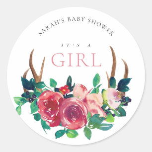 Sticker Rond Cerf Floral Rustique C'est une fille Baby Shower