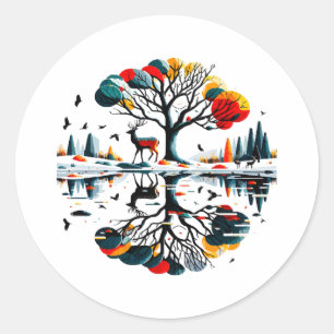 Sticker Rond Cerf majestueux dans une forêt hivernale enneigée