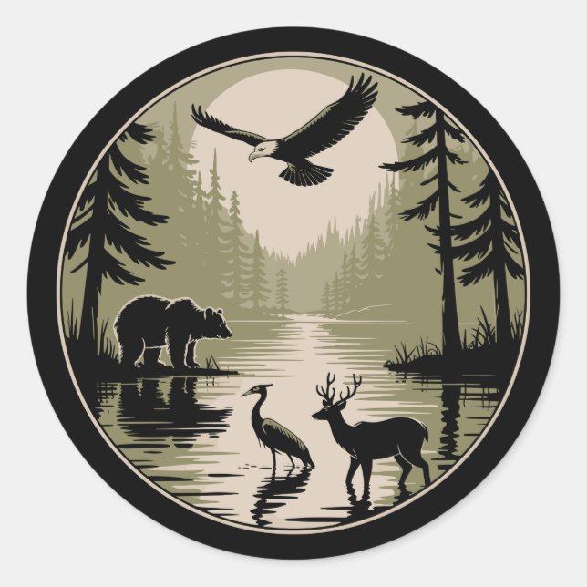 Sticker Rond Cerf Ours Aigle Lune Forêt Silhouette (Devant)