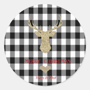 Sticker Rond Cerf Pailleté Or Plaid Buffalo Coeur