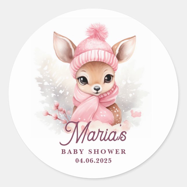 Sticker Rond Cerf Rose Écharpe Chapeau Fille Fête (Devant)