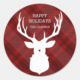 Sticker Rond Cerf RUSTIQUE   RED PLAID   STYLISH HOLIDAY STICKE