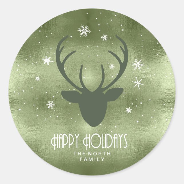 Sticker Rond Cerfs Antlers Silhouette & Snowflakes Green ID861 (Devant)