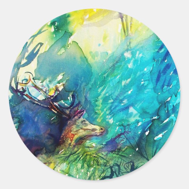 STICKER ROND CERFS DANS UN BOIS VERT (Devant)