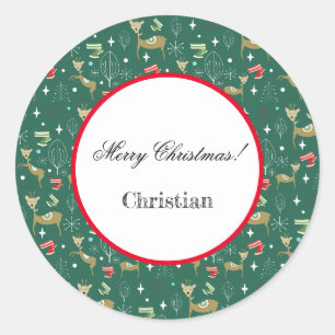 Sticker Rond Cerfs mignons avec des sapins de Noël et des floco
