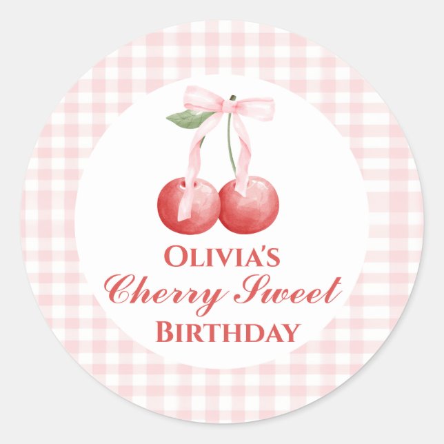 Sticker Rond Cerise Douce anniversaire Ruban Rose Gingham (Devant)