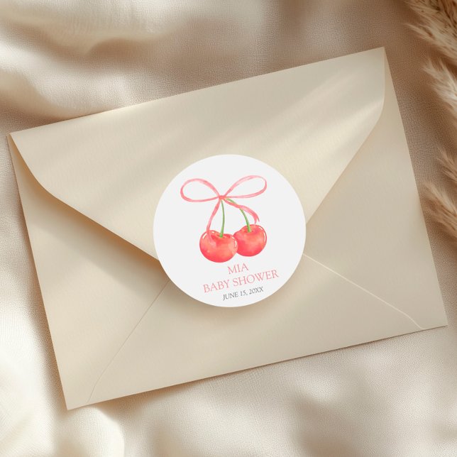 Sticker Rond Cerise et ruban rose Baby shower fille d'aquarelle (Créateur téléchargé)