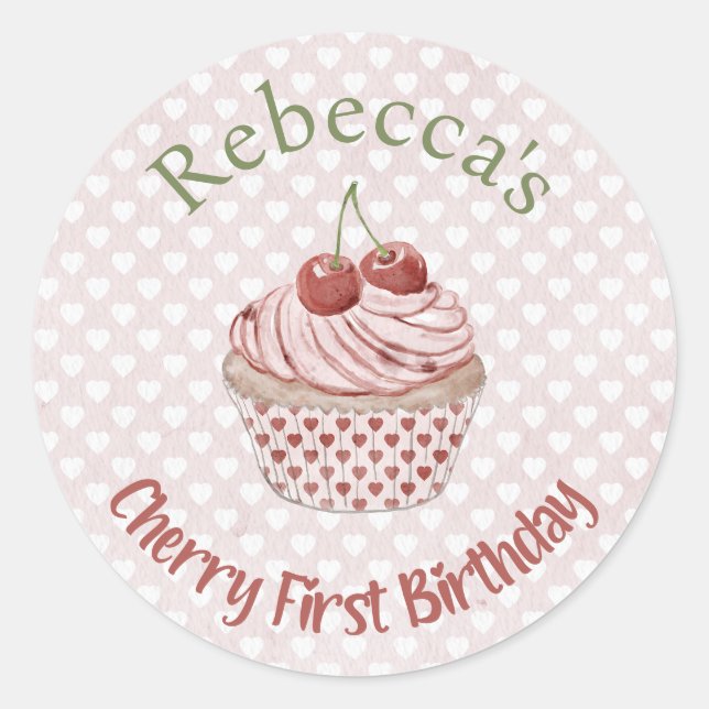 Sticker Rond Cerise Premier Anniversaire Coquette Aquarelle Cup (Devant)