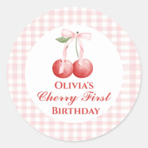 Sticker Rond Cerise premier anniversaire Ruban rose Gingham