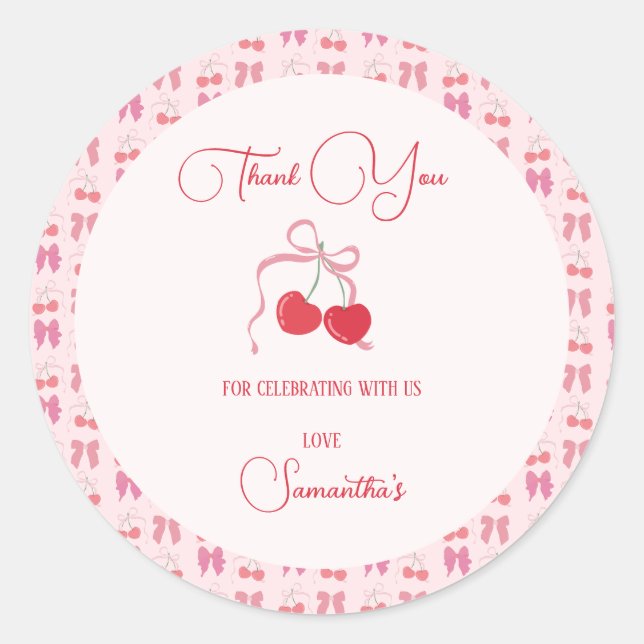Sticker Rond Cerise sur le dessus Pink Bow Anniversaire (Devant)