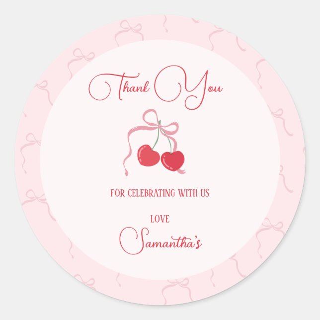 Sticker Rond Cerise sur le dessus Pink Bow Anniversaire (Devant)