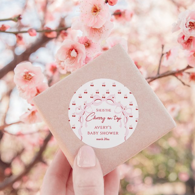 Sticker Rond Cerise sur le dessus Pink Bow Red Baby Girl Douche (Créateur téléchargé)