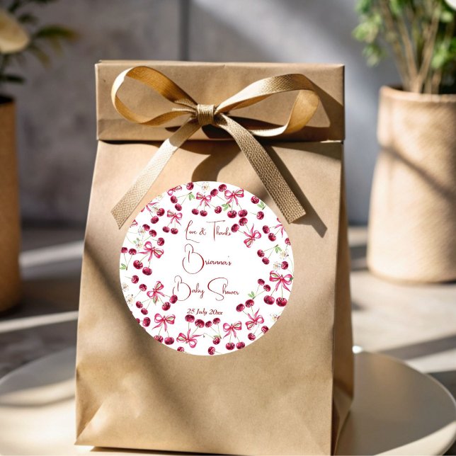 Sticker Rond Cerise sur le haut ruban fantaisie baby shower fav (Cherry on top ribbon bow whimsical cherry baby shower favor sticker personalized thank you stickers)