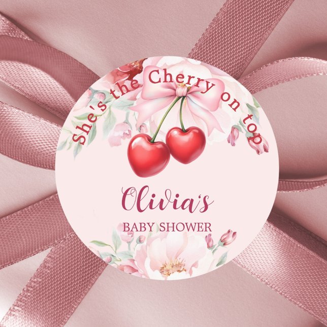 Sticker Rond Cerise sur le nœud rose floral Baby Shower (Créateur téléchargé)
