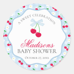 Sticker Rond Cerise Sweet Bleu Coquette Bow Baby shower Sceau