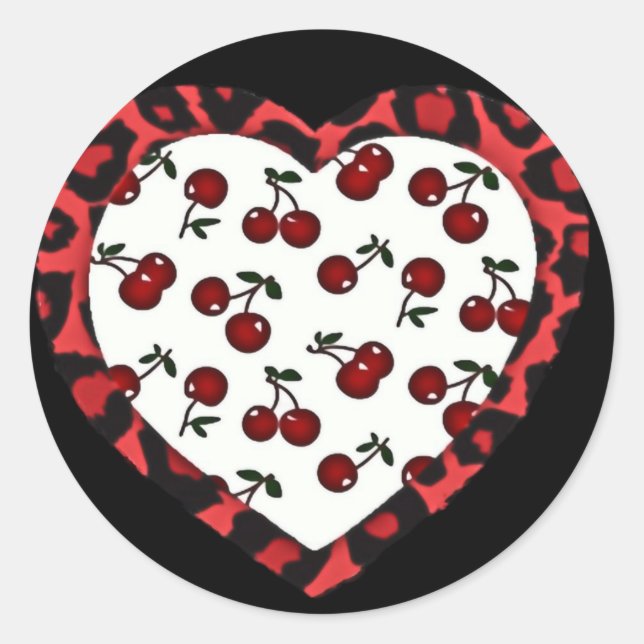 Sticker Rond Cerises RAB Imprimé Léopard Cœur Rockabilly (Devant)