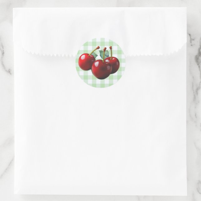 Sticker Rond Cerises rétro fraîchement cueillies gingham vert (Sac)