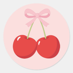 Sticker Rond Cerises Rouges avec Nœud Rose Coquette Fête d'Anni