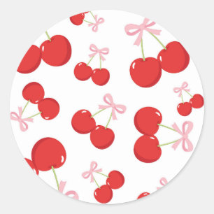 Sticker Rond Cerises Rouges avec Nœud Rose Fête d'Anniversaire 