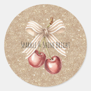 Sticker Rond Cerises Rouges Pailletées Or