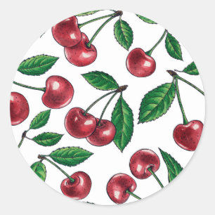 Sticker Rond Cerises rouges sur blanc