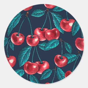 Sticker Rond Cerises rouges sur bleu foncé