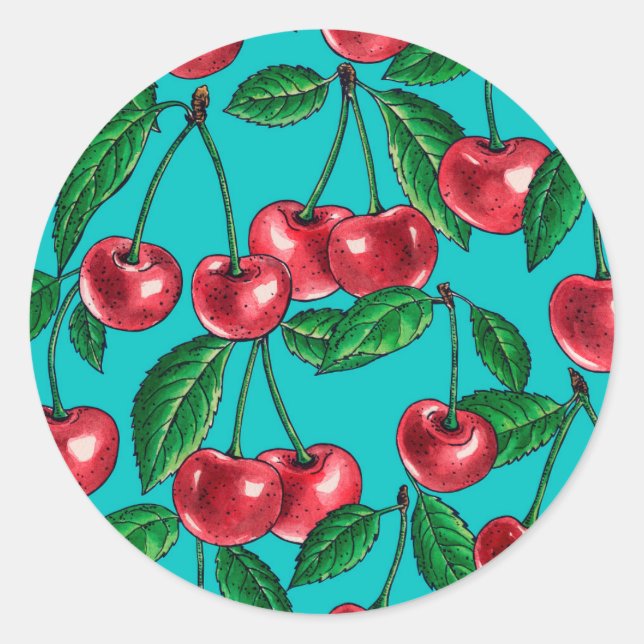 Sticker Rond Cerises rouges sur turquoise (Devant)
